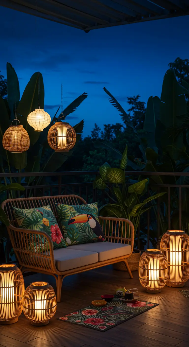 Canapé deux places en rotin sur un balcon de nuit, éclairé par de nombreuses lanternes en bambou.