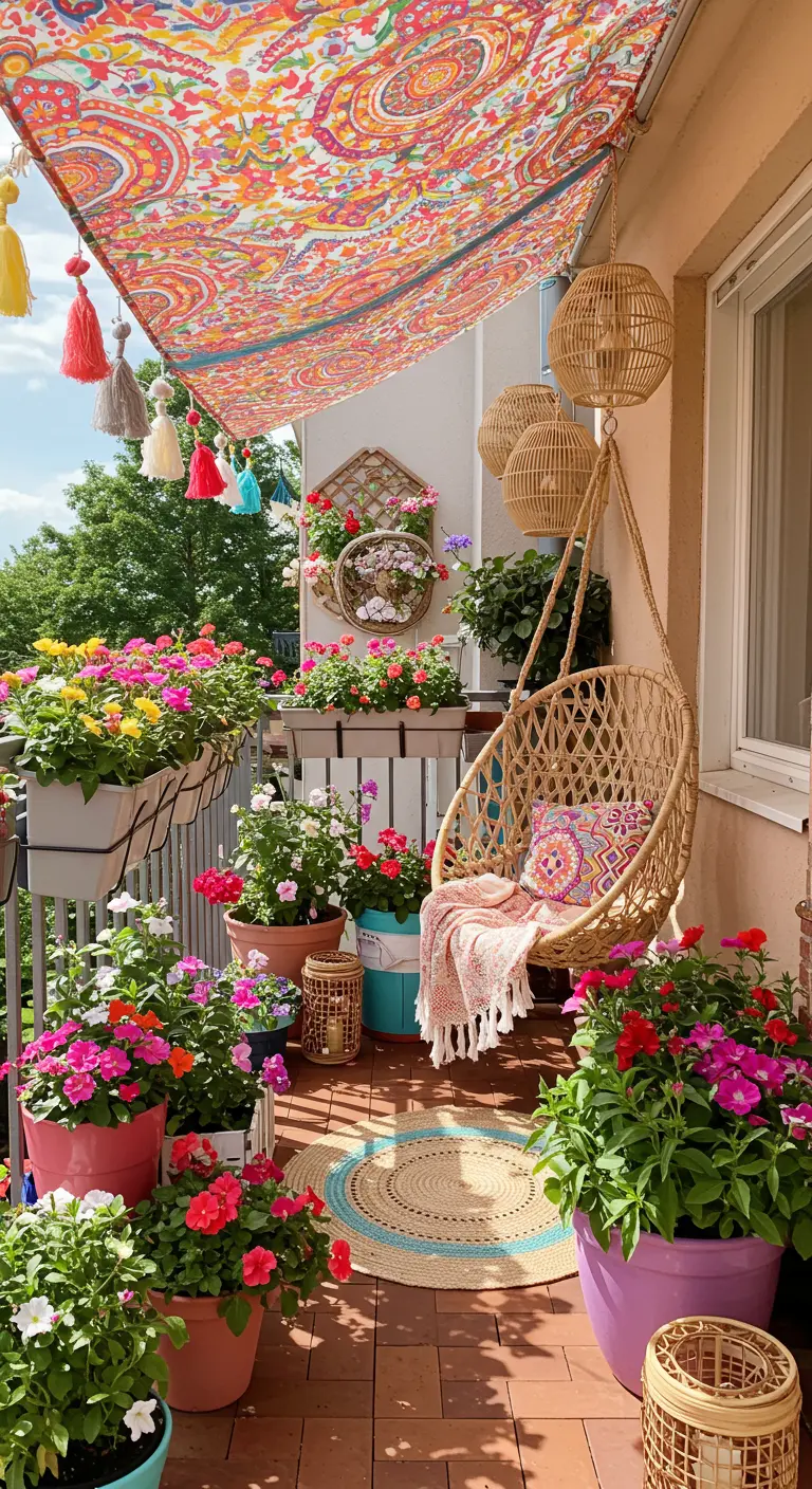Balcon bohème avec fauteuil suspendu, auvent coloré et beaucoup de fleurs.