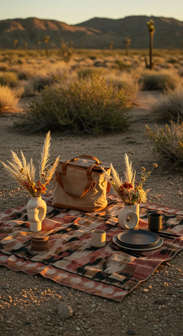 Pique-nique bohème dans le désert au coucher du soleil avec couverture ethnique, herbes de la pampa et vaisselle sombre.