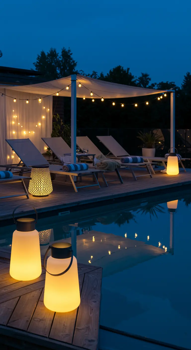 Piscine éclairée la nuit par des guirlandes lumineuses, des lanternes modernes et des transats.