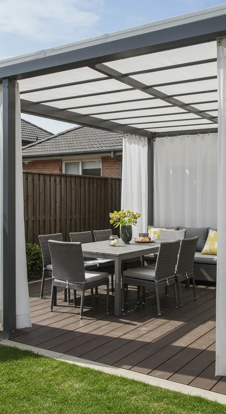 Pergola moderne avec toit translucide et salon de jardin gris