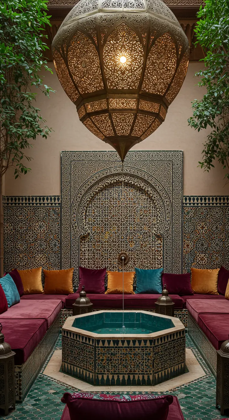 Cour de riad marocain avec fontaine en mosaïque, banquettes en velours et lanterne.