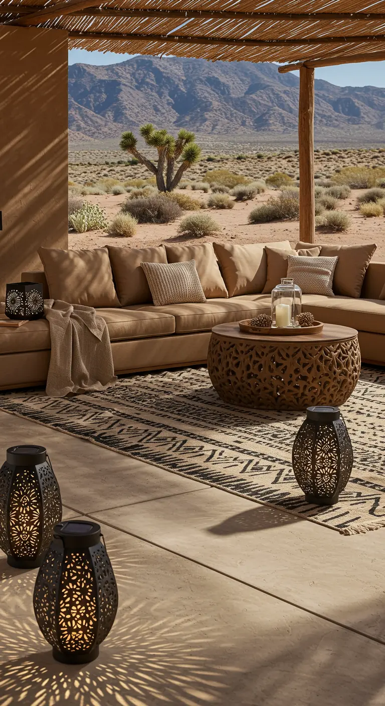 Canapé modulaire couleur sable dans un décor désertique, avec des lanternes en métal ajouré.