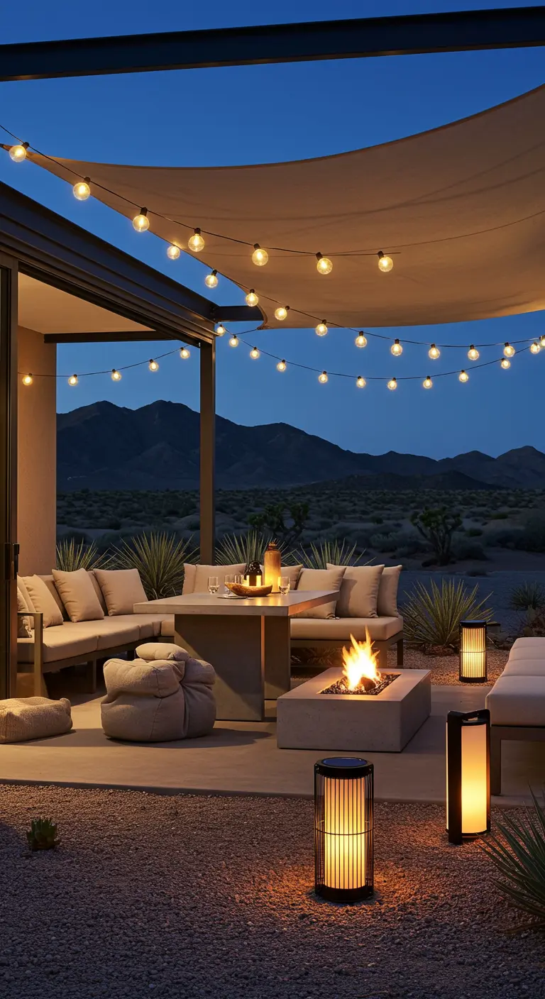 Patio désertique avec foyer, canapés, guirlandes lumineuses et lanternes verticales.