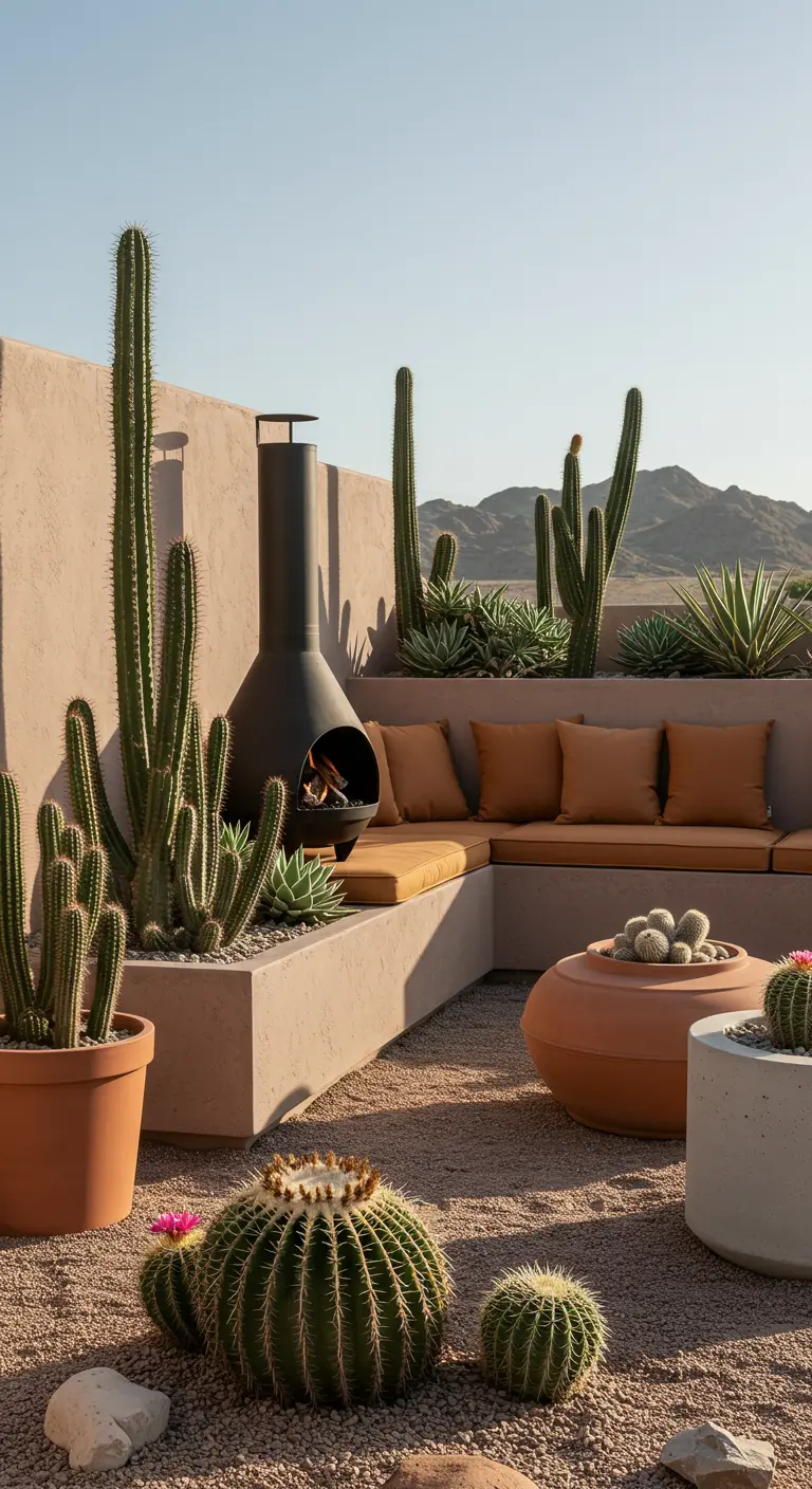 Patio de style désertique avec de grands cactus, des succulentes et une cheminée d'extérieur.