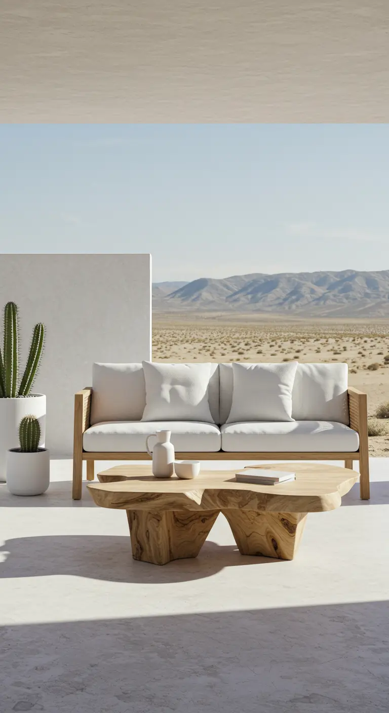 Canapé blanc en bois avec table basse en bois sculptural, cactus en pots blancs, fond désertique.
