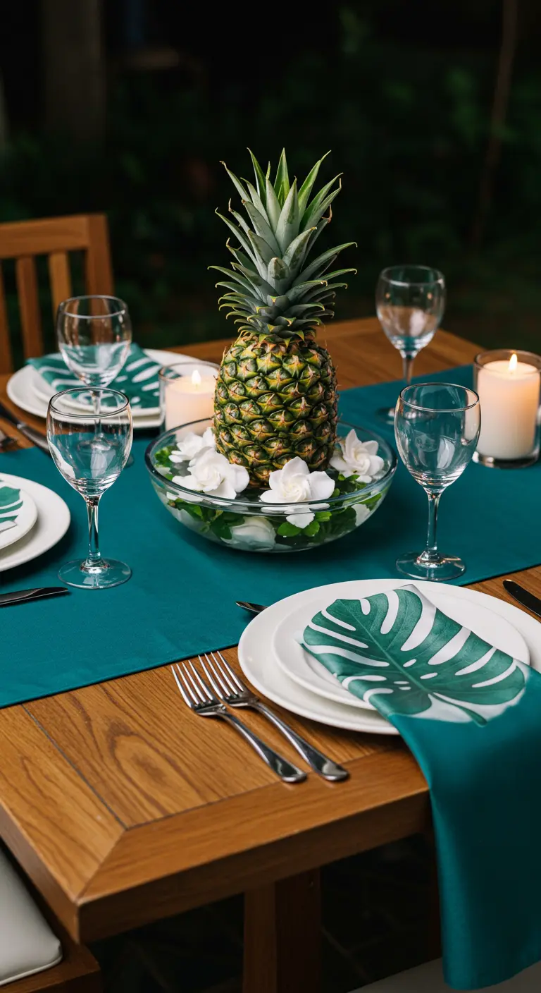 Table en bois avec un ananas flottant dans un bol d'eau avec des fleurs, chemin de table vert émeraude.