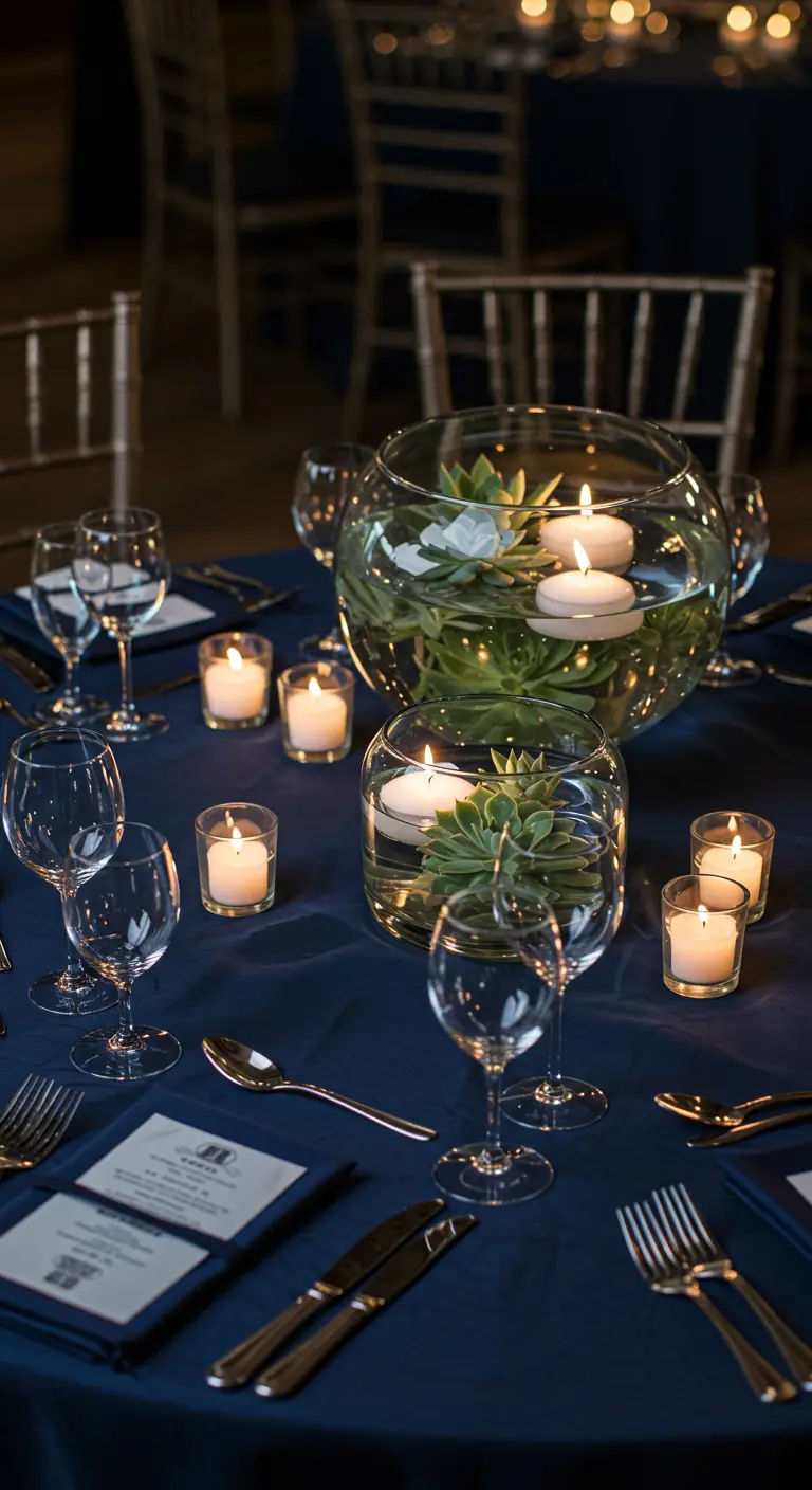 Centre de table avec des succulentes et des bougies flottantes dans un grand vase rond.