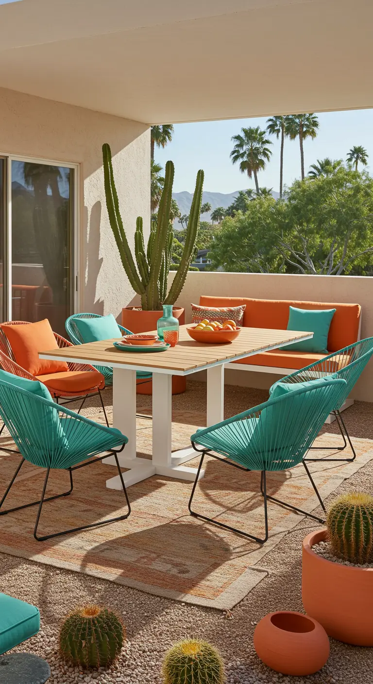 Table blanche avec des chaises Acapulco turquoise et une banquette orange.