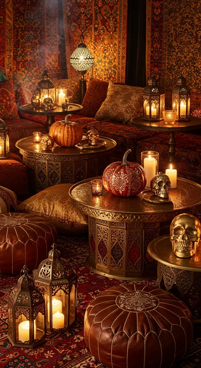 Salon oriental d'Halloween avec tapis, coussins, lanternes et citrouilles décorées