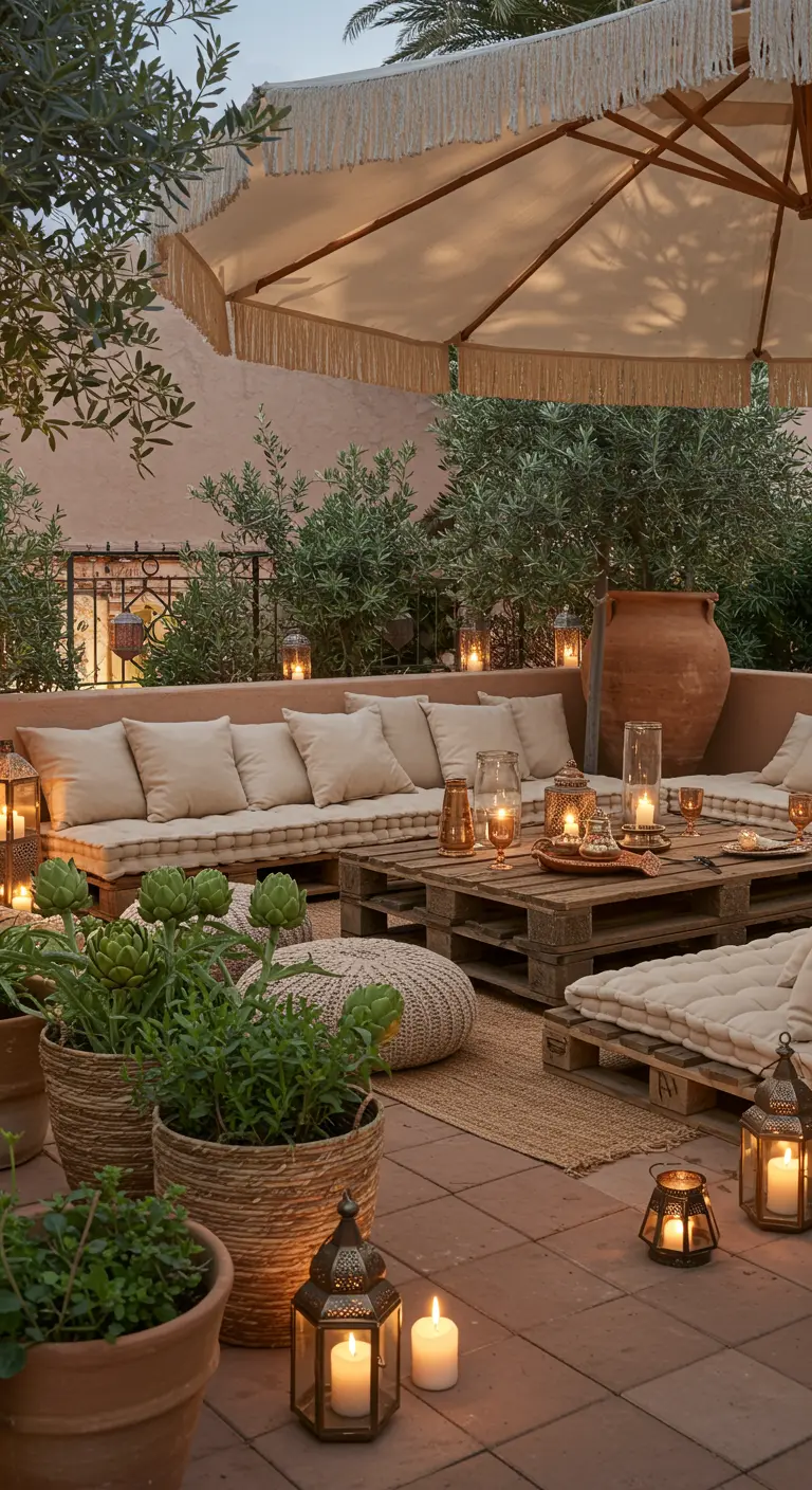 Terrasse d'inspiration marocaine avec mobilier en palettes, nombreuses lanternes et parasol beige.