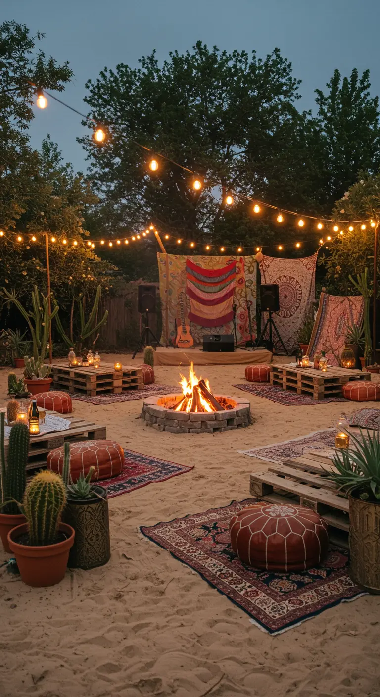 Soirée dans le sable avec feu de camp, tapis et tables en palettes.