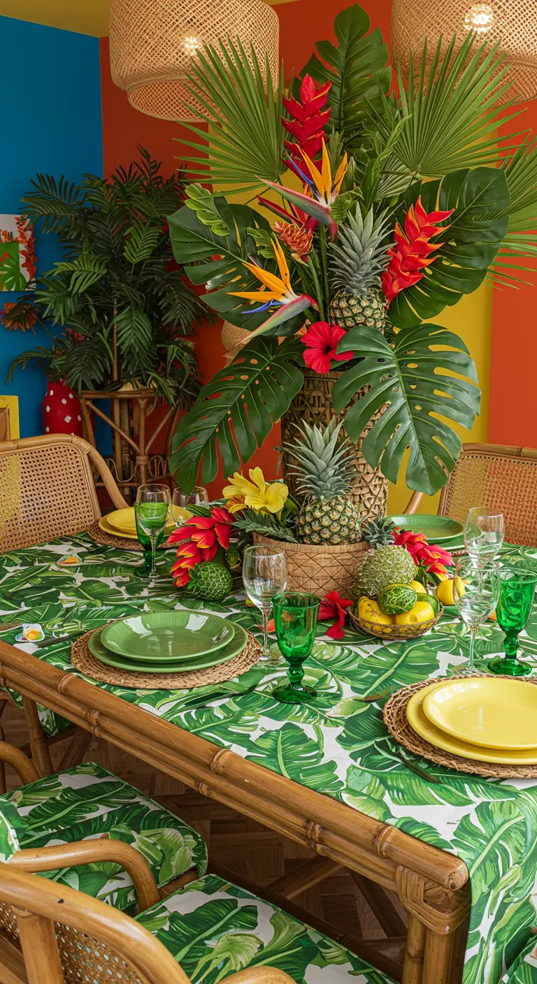 Table tropicale avec un centre de table de feuilles de palmier, ananas, fleurs d'hibiscus, nappe à motifs tropicaux.