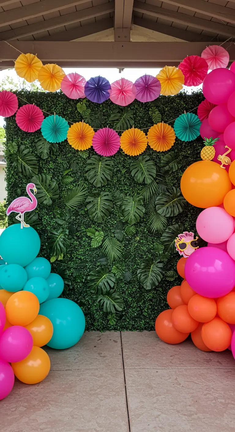 Photobooth tropical avec un mur de feuilles, des éventails en papier et des ballons colorés.