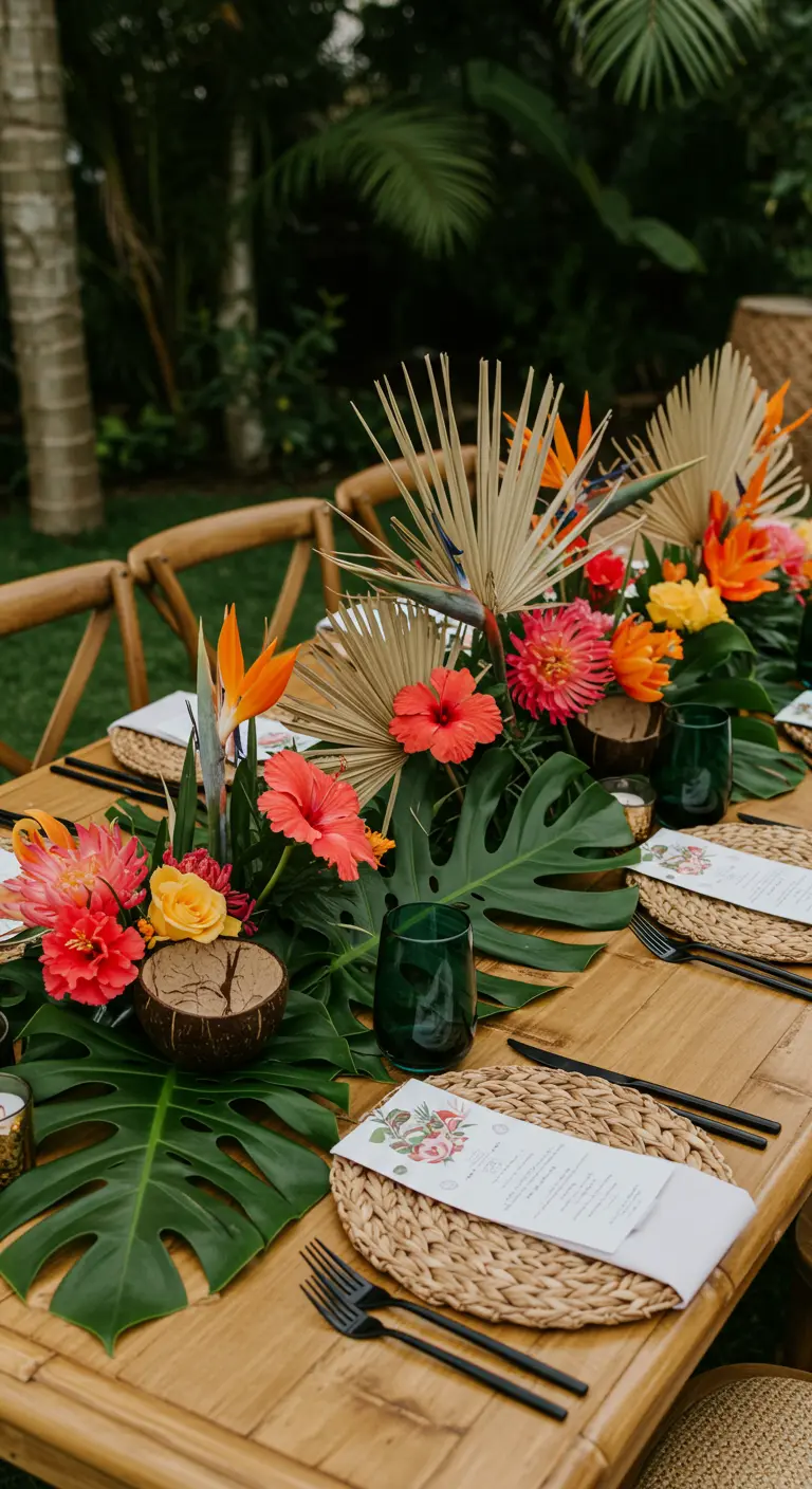 Table de mariage tropicale avec des feuilles de monstera et des fleurs exotiques.