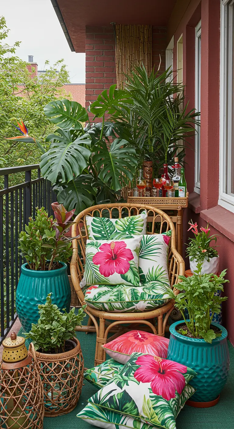 Balcon luxuriant de style tropical avec un fauteuil en rotin et des plantes à grandes feuilles.