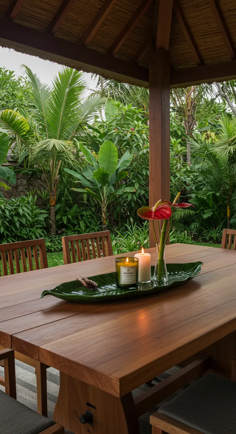 Centre de table tropical sur une assiette en forme de feuille avec bougies et fleur d'Anthurium.