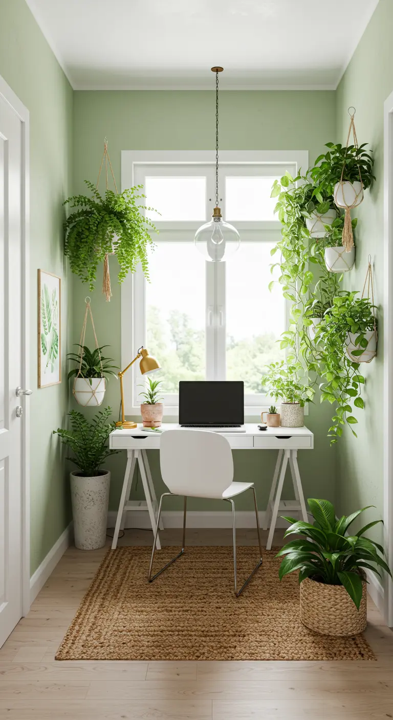 Bureau blanc dans une pièce aux murs vert sauge, remplie de plantes suspendues et en pot.