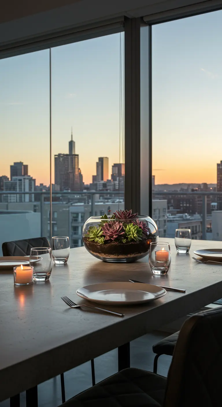 Centre de table moderne avec un terrarium de succulentes devant une vue sur la ville.