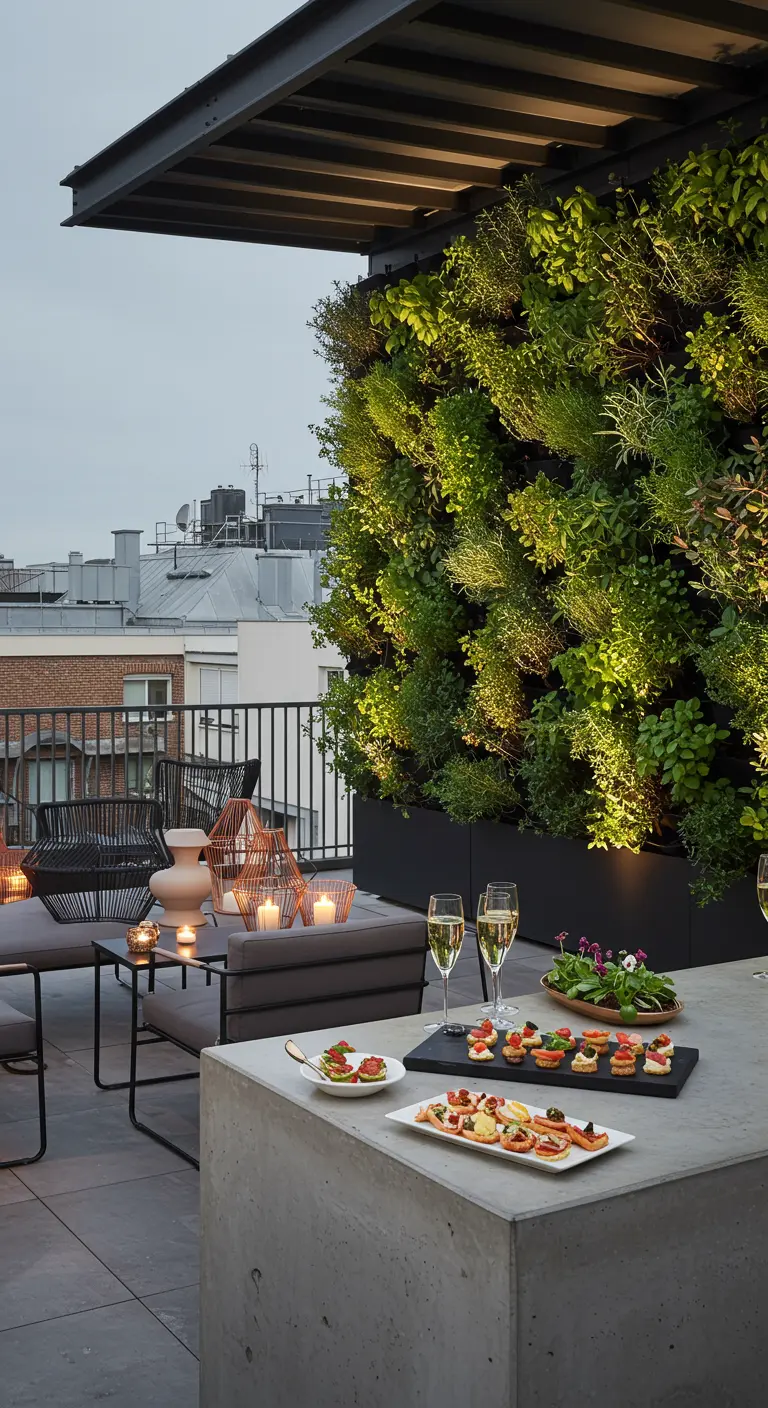 Terrasse sur le toit avec un grand mur végétal illuminé et un mobilier design gris.