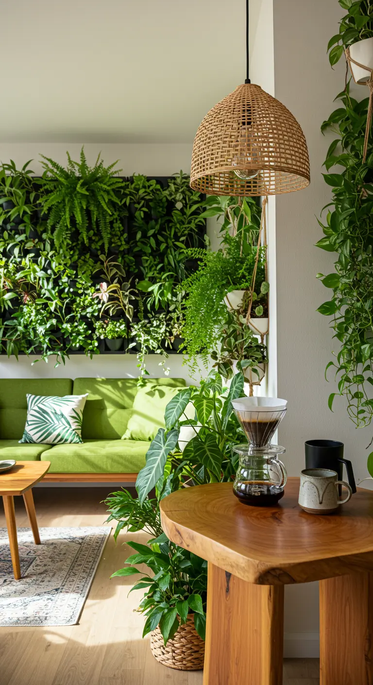 Coin café jungle urbaine avec table en bois, cafetière et mur végétal luxuriant.