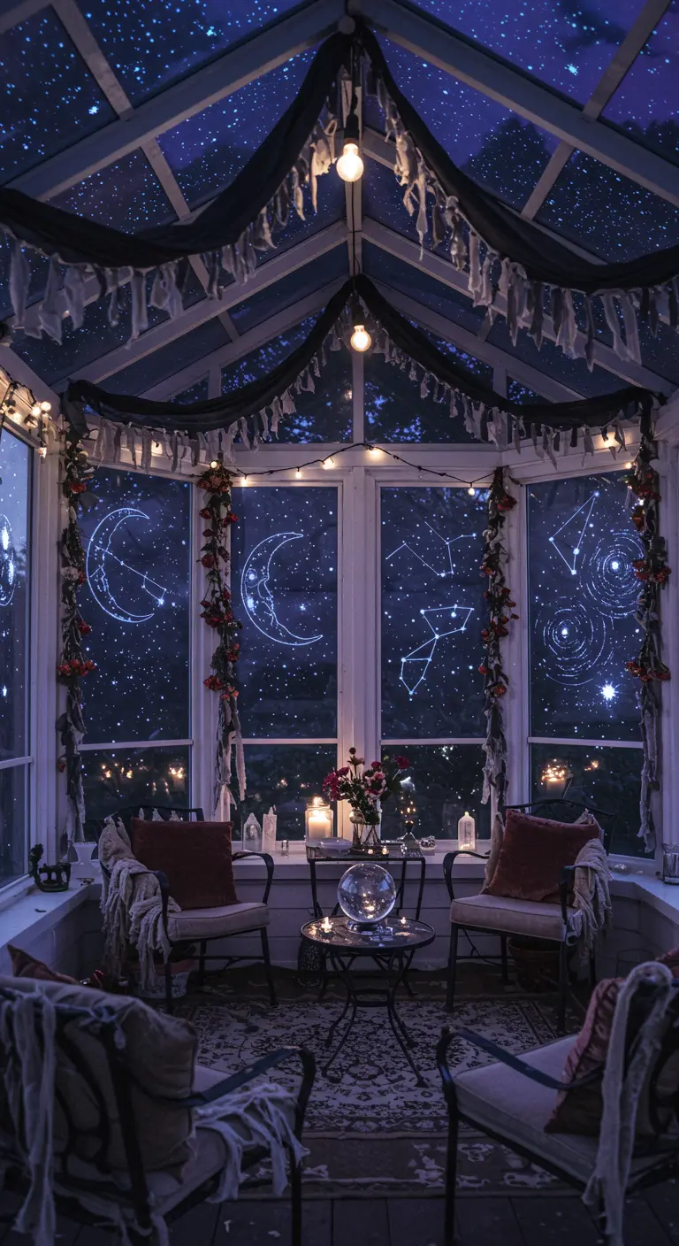 Véranda décorée de constellations lumineuses, lunes, guirlandes effilochées et sièges cosy.