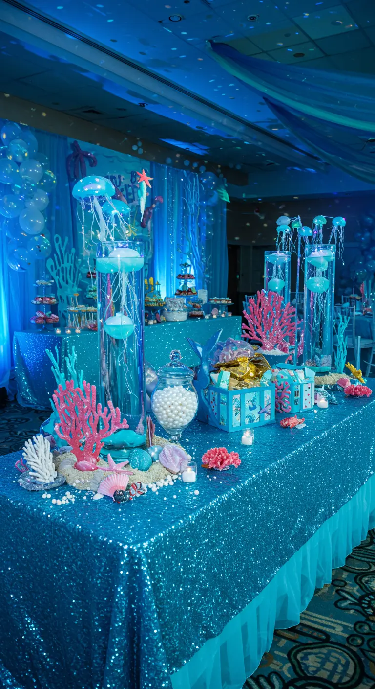 Table de fête sous-marine avec nappe à sequins turquoise, méduses lumineuses et coraux colorés.