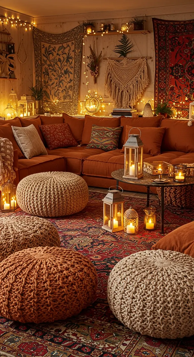 Salon bohème avec canapé orange, tapis oriental, nombreux poufs et lanternes décoratives.