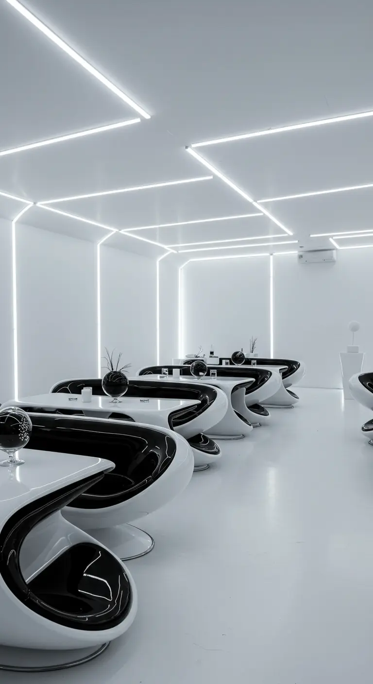 Intérieur de restaurant futuriste avec mobilier design blanc et noir.