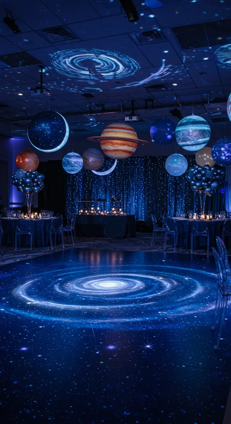 Salle de fête sur le thème de l'espace avec projections galactiques, planètes suspendues et piste de danse spirale.