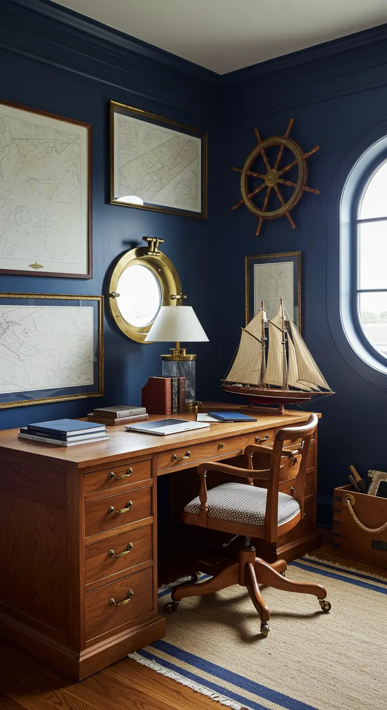 Bureau en bois de style marine avec des murs bleu marine, des cartes encadrées et une barre à roue.