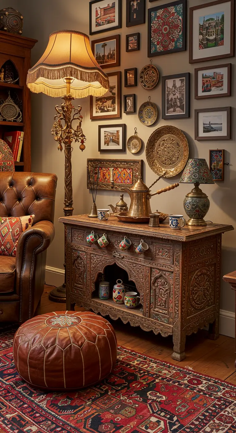 Commode en bois sculpté avec cafetière en cuivre, tasses et mur galerie oriental.