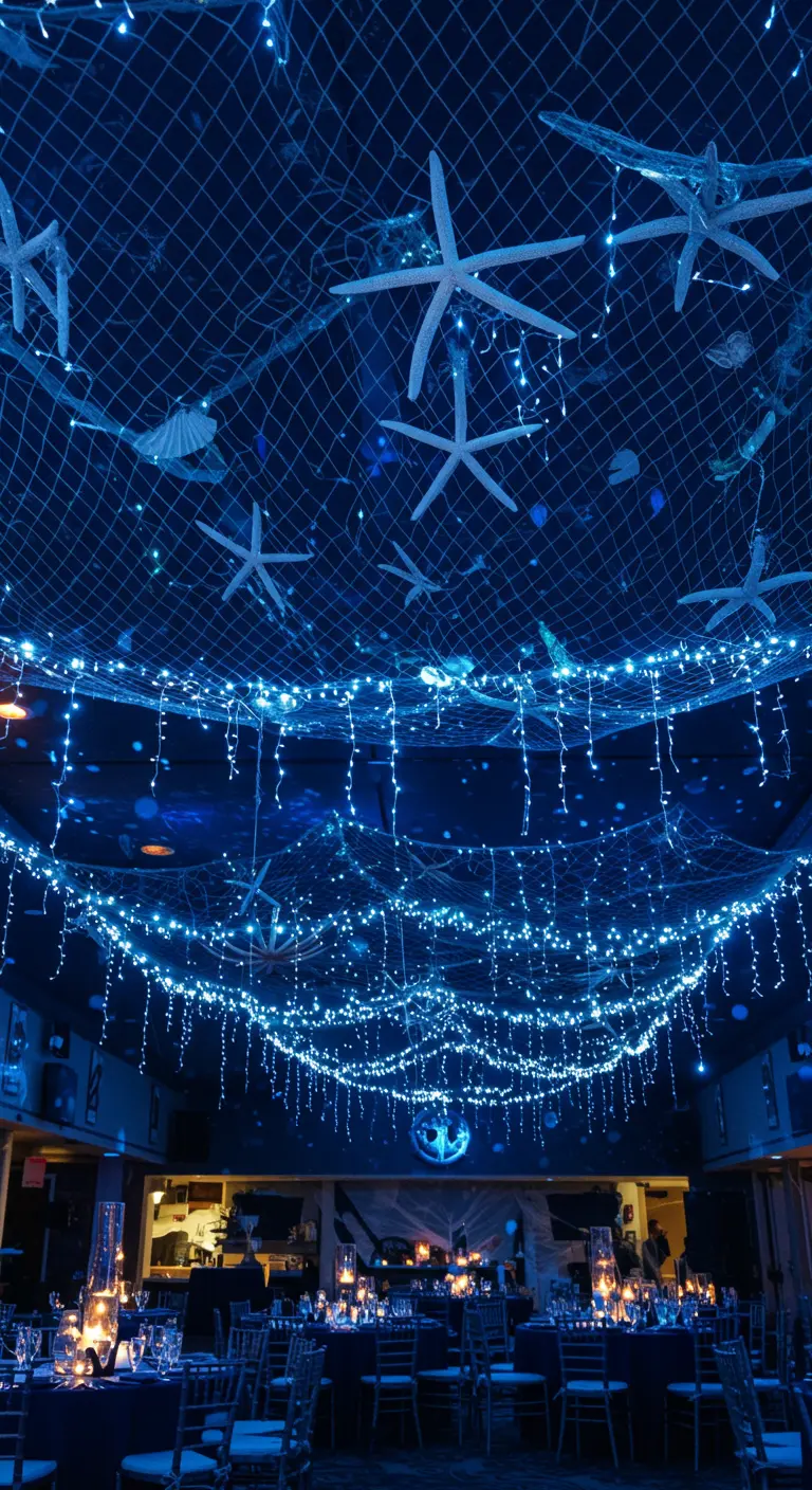 Plafond décoré de filets de pêche, lumières bleues et étoiles de mer.