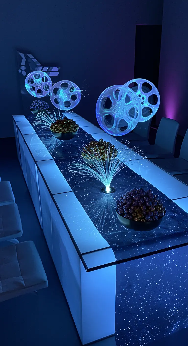 Table lumineuse ultra-moderne avec grandes bobines de film éclairées et lumières bleues.