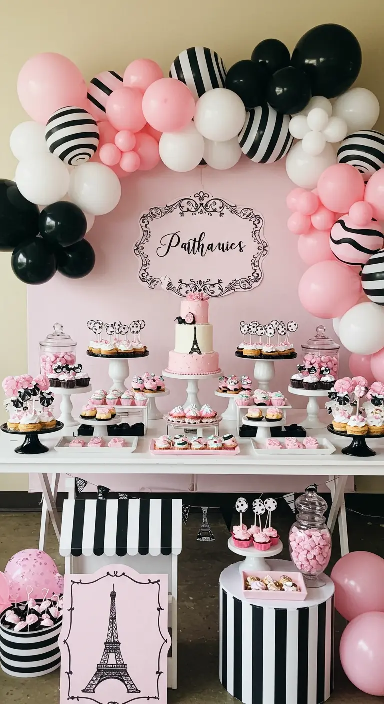Arche de ballons roses, noirs et blancs, certains à rayures, pour une fête parisienne.