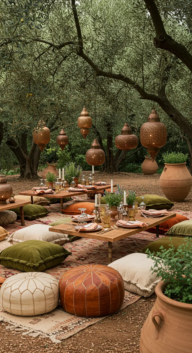Dîner marocain en plein air sous les oliviers, avec tables en bois, coussins colorés et lanternes en cuivre.