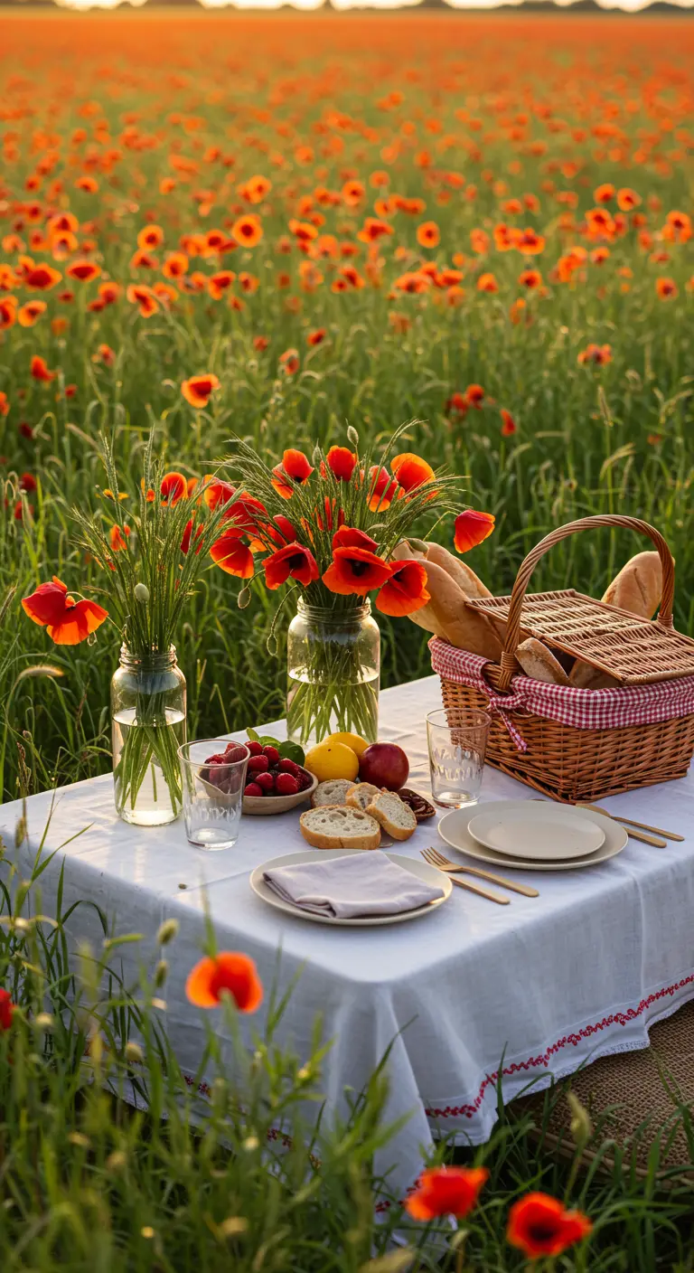 Pique-nique dans un champ de coquelicots avec nappe blanche, bouquets de coquelicots et pain.