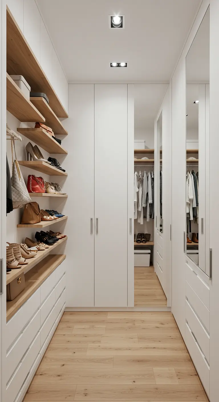 Dressing étroit avec portes miroir, étagères flottantes en bois pour chaussures et rangements blancs.