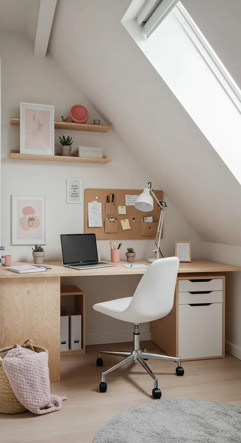 Bureau sous pente avec étagères flottantes et décoration minimaliste