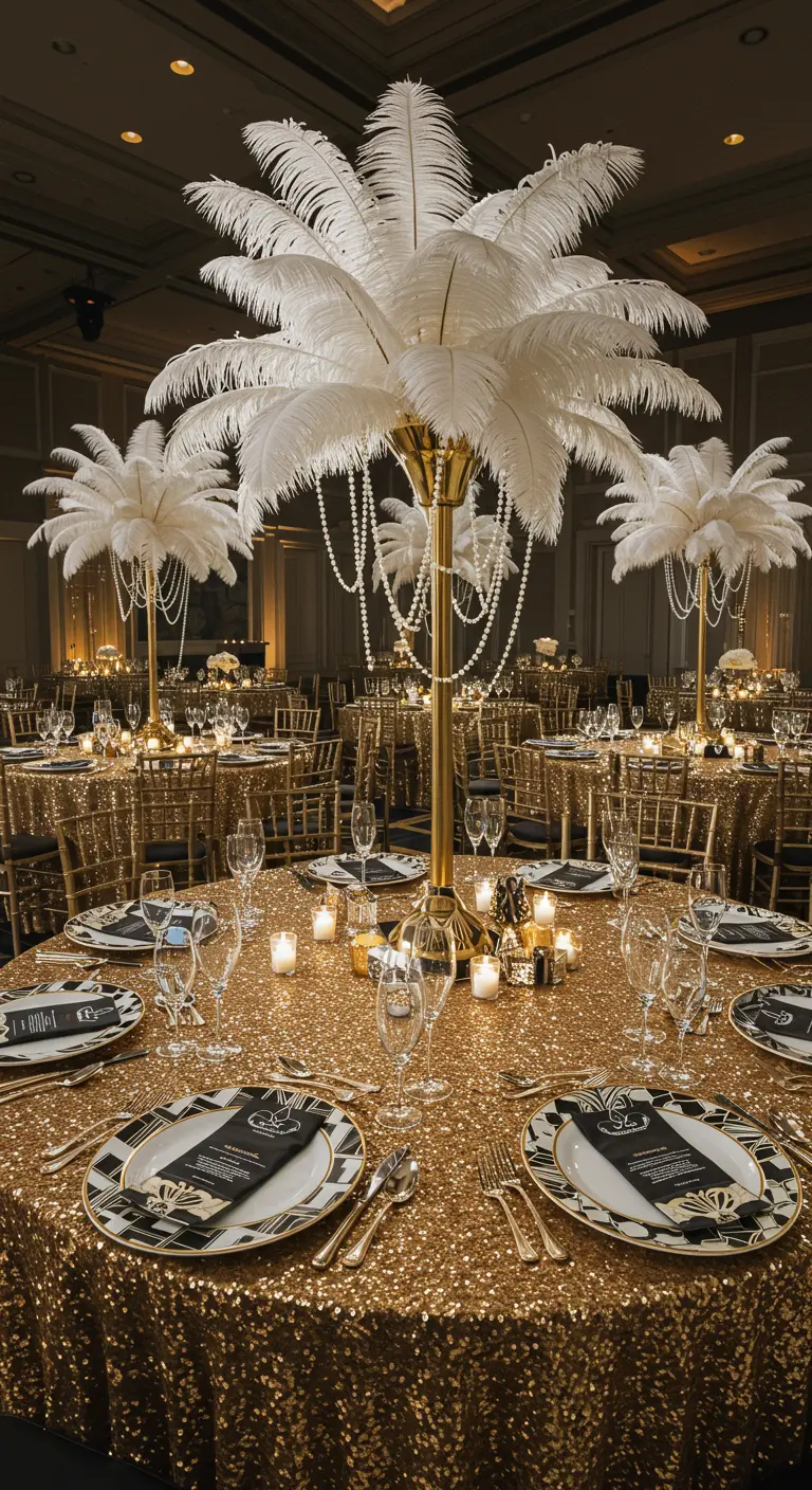 Table de mariage glamour style Gatsby avec nappe à paillettes et centre de table à plumes.