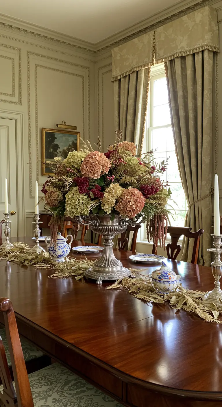 Immense arrangement d'hortensias séchés dans une urne en argent sur une table de salle à manger classique.