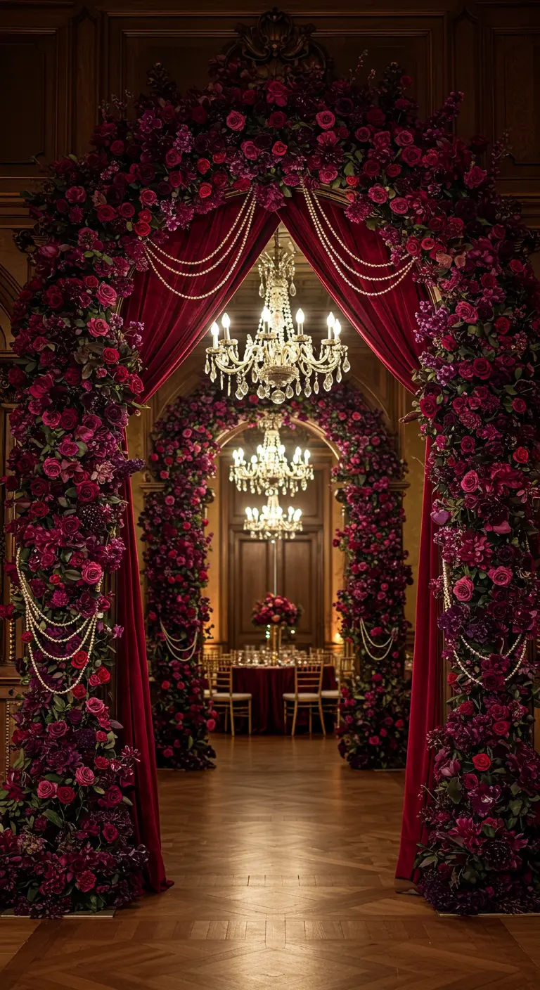 Grande entrée avec arches couvertes de roses rouges/violettes, drapés velours rouge, guirlandes de perles.
