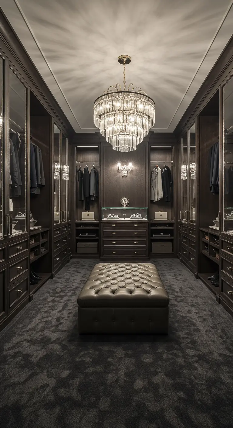 Dressing luxueux en bois foncé, lustre en cristal, îlot capitonné en cuir.