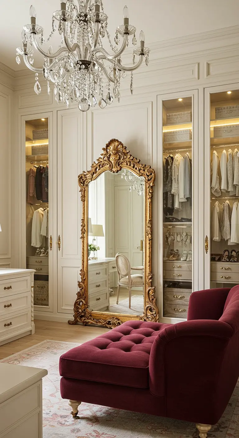 Dressing classique avec un lustre en cristal, un miroir doré orné et une méridienne en velours.
