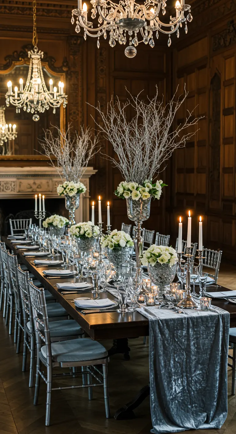 Somptueuse table de mariage dans une salle richement décorée, avec branches givrées et chandeliers argentés.