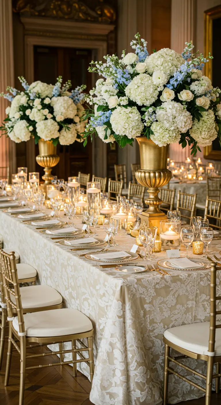 Table de banquet luxueuse avec urnes dorées et bouquets d'hortensias blancs et bleus.