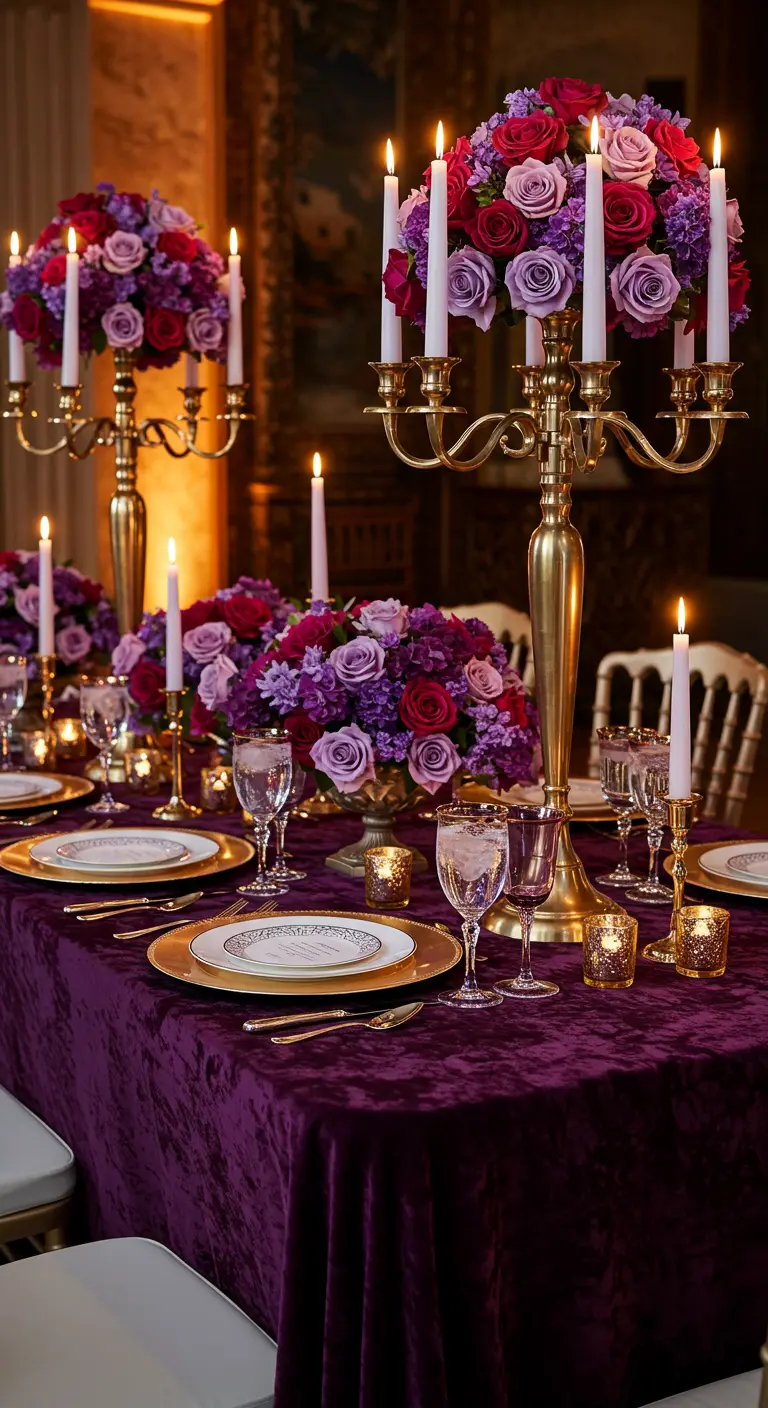 Table de banquet luxueuse avec une nappe en velours violet et des compositions florales roses et mauves.