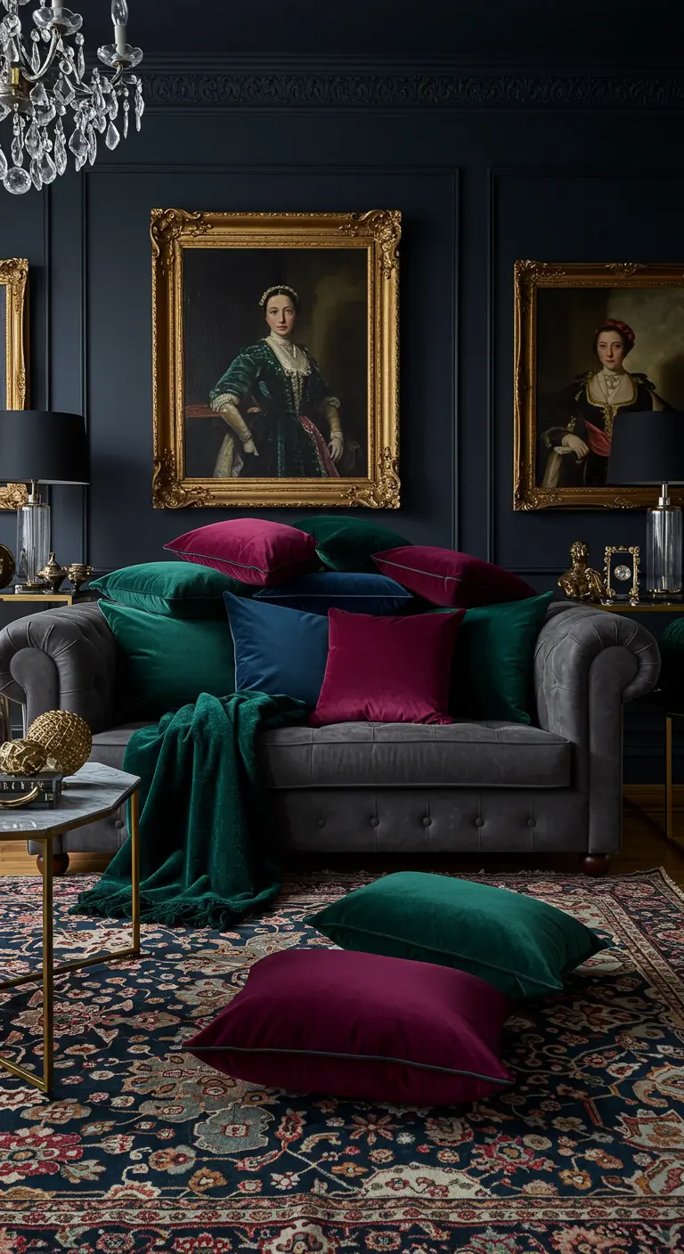 Canapé Chesterfield gris foncé avec une accumulation de coussins en velours émeraude et magenta.