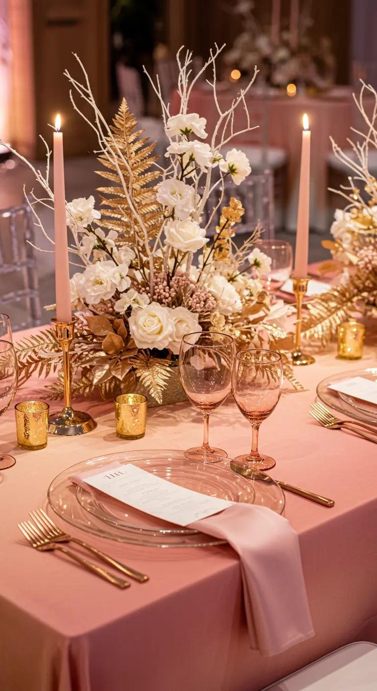 Centre de table chic avec des fleurs blanches et des feuilles dorées et roses.