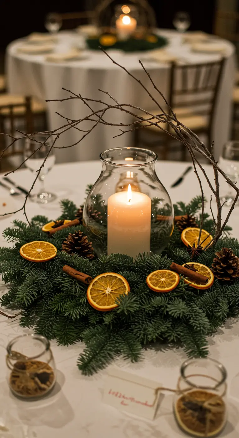 Couronne de sapin avec oranges séchées et cannelle, entourant une bougie dans un vase.